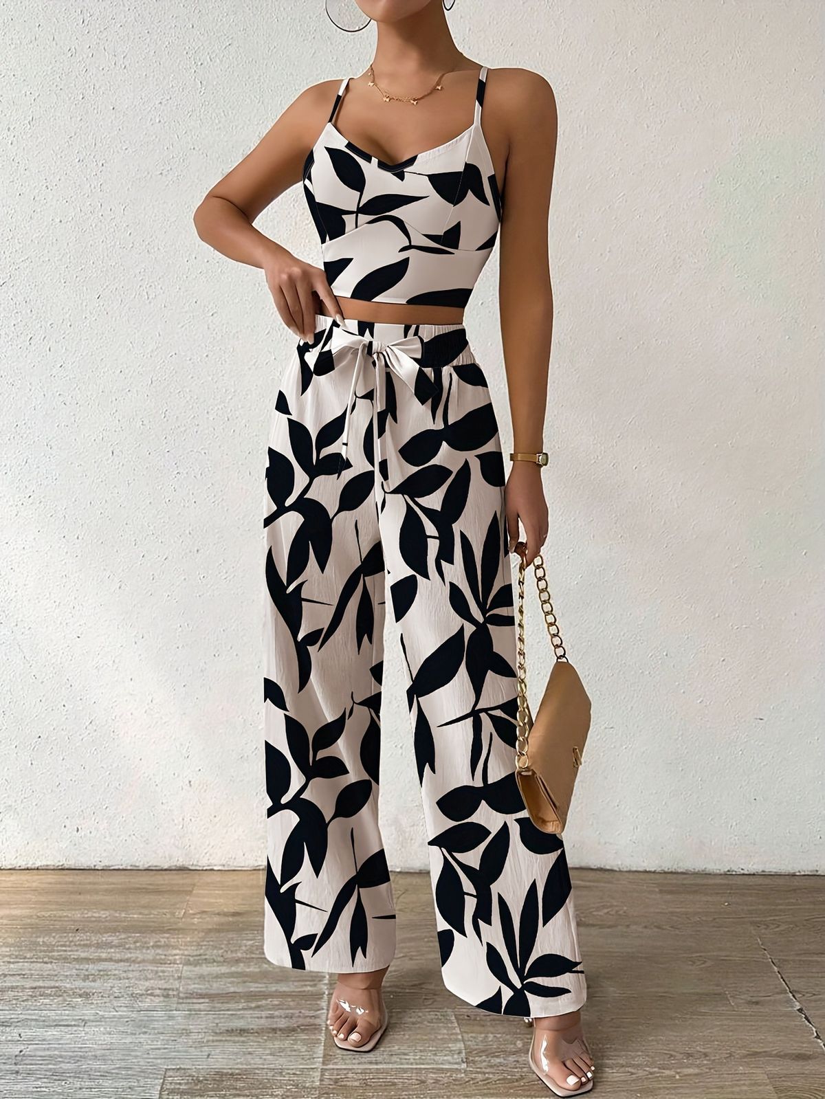 Women's Clothing Summer Fashion Sexy Suspenders Elastic Waist Tie Wide Leg Pants Two Piece Suit_ecoleips.com