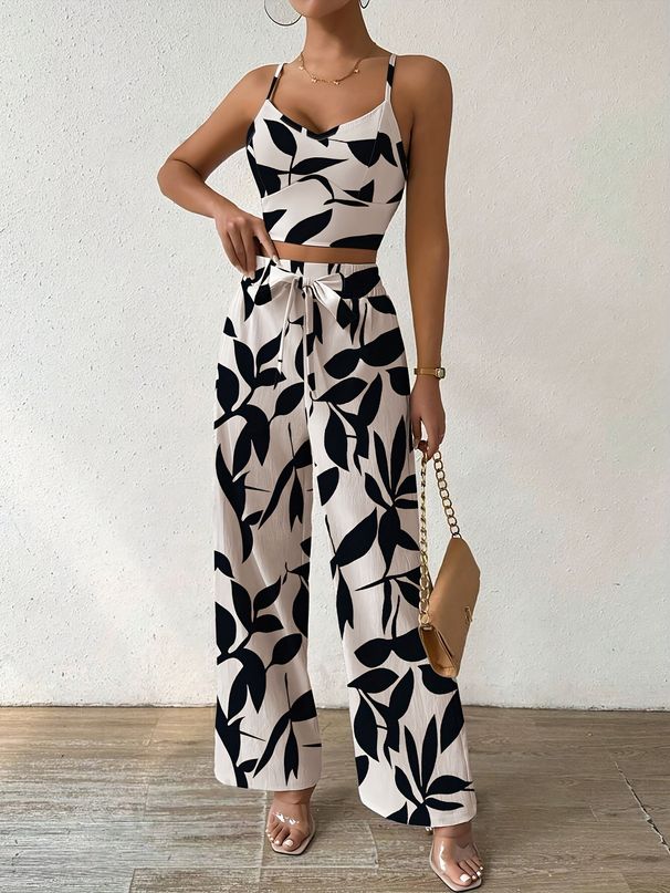 Women's Clothing Summer Fashion Sexy Suspenders Elastic Waist Tie Wide Leg Pants Two Piece Suit_ecoleips.com