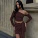 2025 Autumn New French Style Women's Clothing Asymmetrical Shoulder Long Sleeve Top Slim Fit Ruched Ribbon Bodycon Short_ecoleips.com