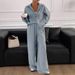 Relaxed Linen Blend Lounge Set, Oversized Long Sleeve Shirt And Wide Leg Pants Two-Piece Outfit For Comfortable Casual Wear_ecoleips.com