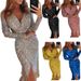 Verve New Women's Gold Foil Long Sleeve V-neck Shiny Evening Sexy Dress_ecoleips.com