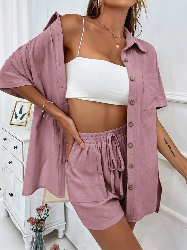 European And American Cross-Border Fashion Shorts Two-Piece Solid Color Shirt Set Casual Loose Short Sleeve_ecoleips.com