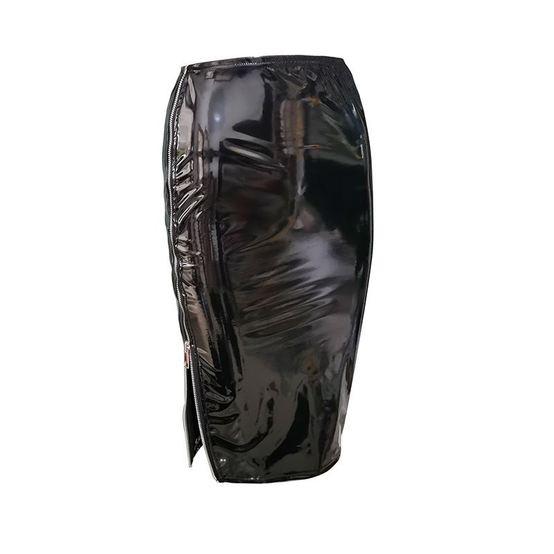Glossy Mirror PU Leather High Waist Bodycon With Zipper And Slit, Stretch Slim Fit Skirt_ecoleips.com