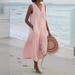 2025 Summer Export Solid Color Cotton Strap Style Elegant Commuter Trendy Long Loose Waist V-neck Pink Dress_ecoleips.com
