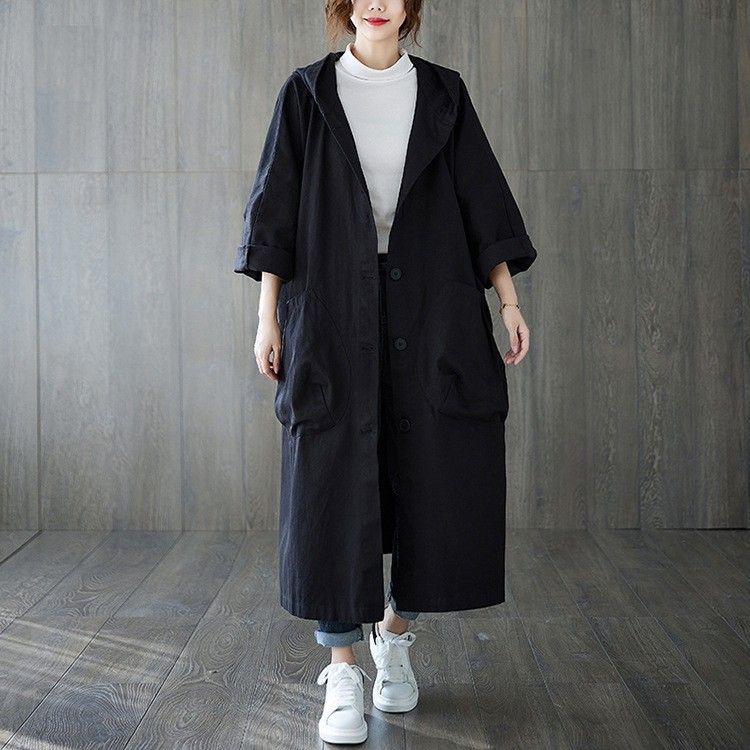 Women's Clothing New Style Literary Loose Large Size Over The Knee Long Large Pocket Windbreaker Jacket Women Hooded Commuting Leisure_ecoleips.com