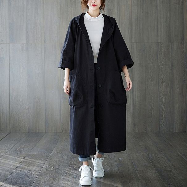 Women's Clothing New Style Literary Loose Large Size Over The Knee Long Large Pocket Windbreaker Jacket Women Hooded Commuting Leisure_ecoleips.com