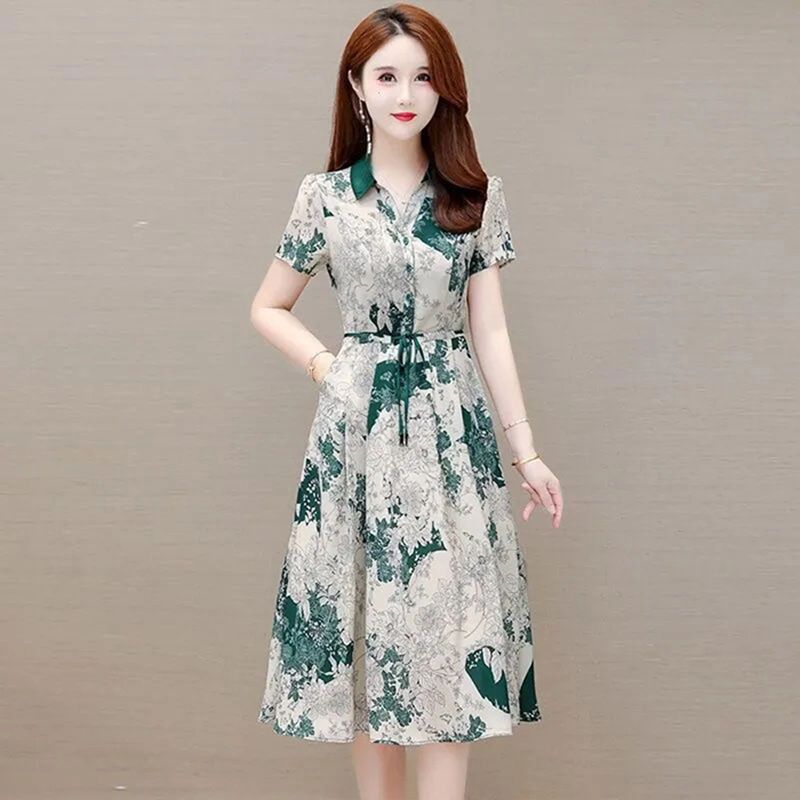 Fresh Korean Style Chic Printed Women's Fashion 2025 Summer New Waist-Cinching Slimming Tie A-Line Dress_ecoleips.com