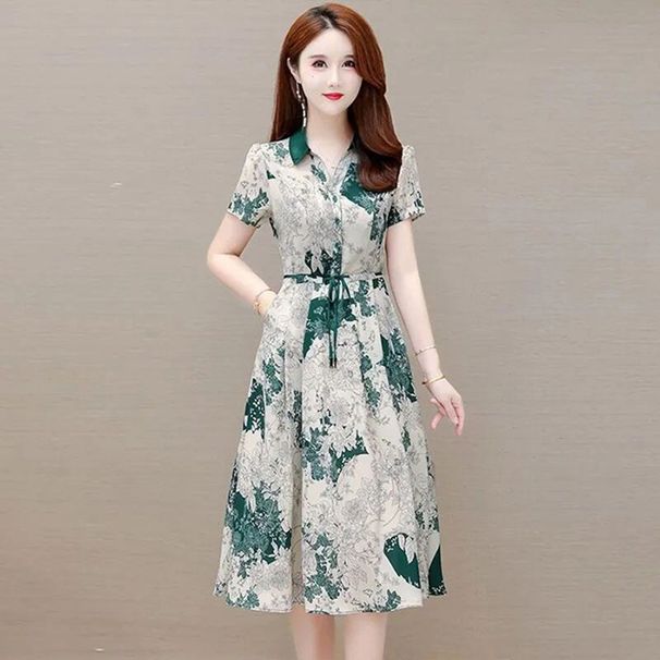 Fresh Korean Style Chic Printed Women's Fashion 2025 Summer New Waist-Cinching Slimming Tie A-Line Dress_ecoleips.com