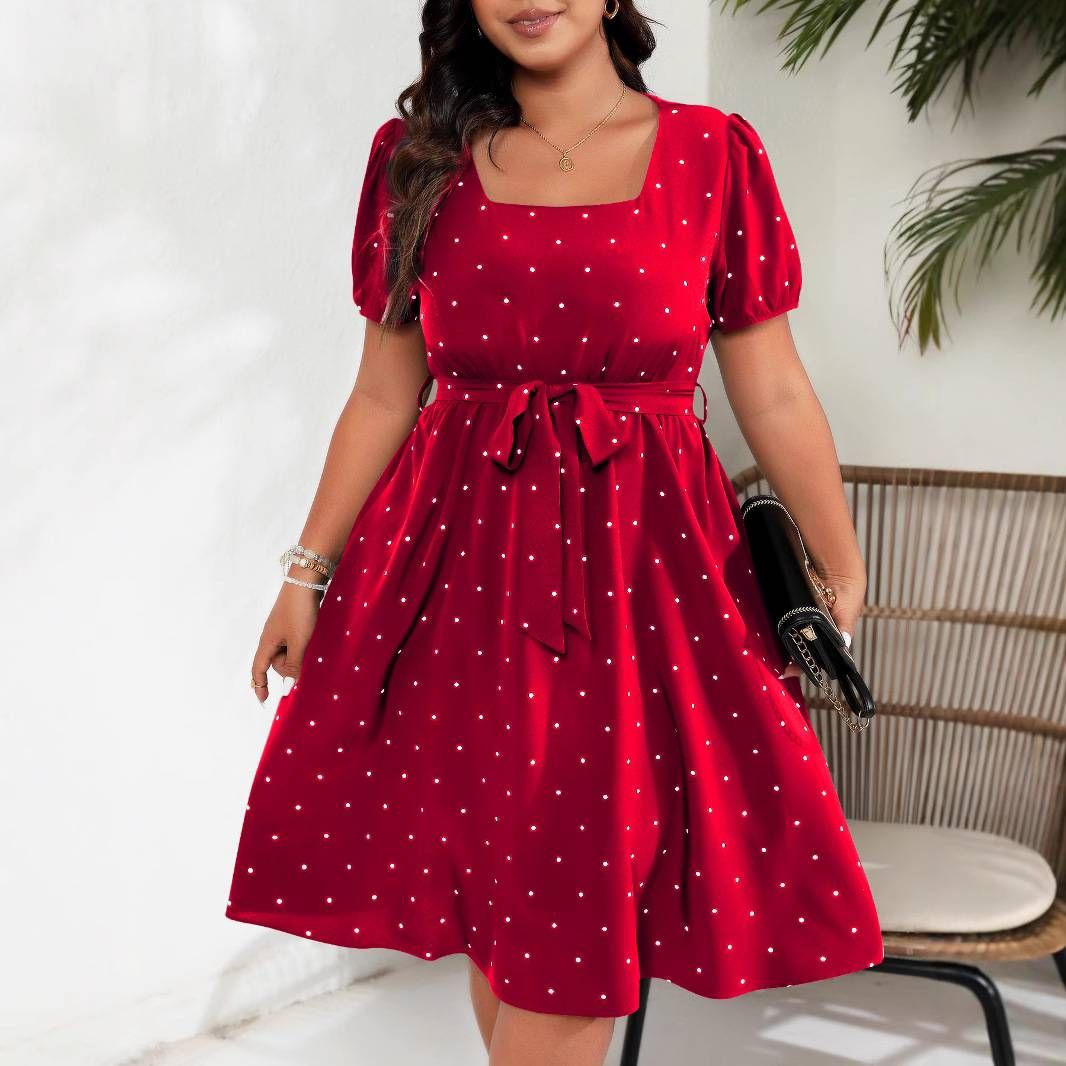 Women's Plus Size Retro Polka Dot Dress - Elegant Square Neck & Wrap Waist | Flared Swing Skirt (S-3XL) | Soft Cotton Blend_ecoleips.com
