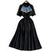 Women's Clothing Half Zipper Stand Collar Sweater Waist Slim Swing Mid Length Dress_ecoleips.com