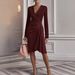 Women's Clothing Elegant Bodycon Dress With V-Neck & Pleated Detail - Slim Fit Long Sleeve Midi Dress For Women (White, Champagne, Wine Red, Pink)_ecoleips.com