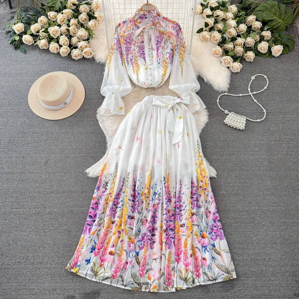 Floral Ruffle Blouse & Pleated Maxi Skirt Set – Lightweight Polyester, Wrap Design, Boho To Office Wear (Grey/Black, S-Xxl)_ecoleips.com
