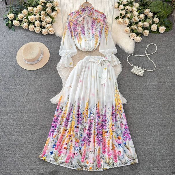 Floral Ruffle Blouse & Pleated Maxi Skirt Set – Lightweight Polyester, Wrap Design, Boho To Office Wear (Grey/Black, S-Xxl)_ecoleips.com