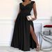 Elegant Black V-Neck Long Dress For Women - Lace Sleeveless Evening Gown For Wedding, Party & Formal Occasions_ecoleips.com