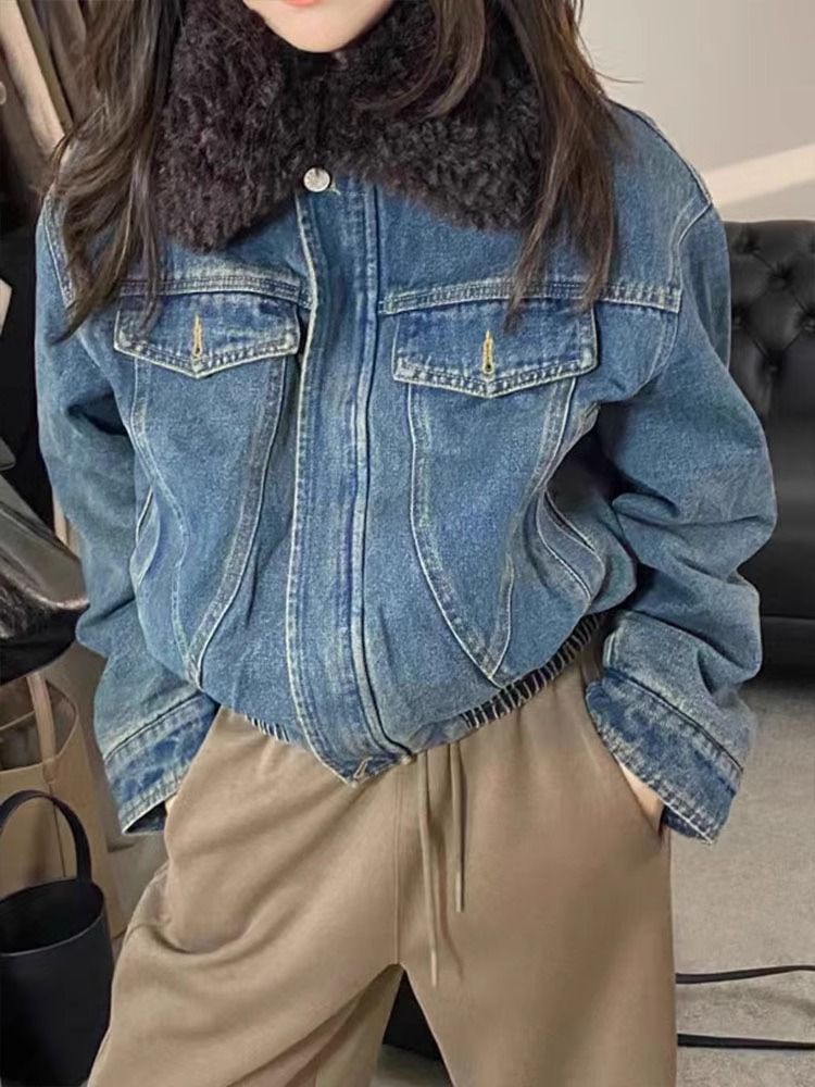 Retro Denim Jacket For Women - Cotton Lined, Warm & Versatile, Loose Fit, Casual Chic Denim Jacket_ecoleips.com