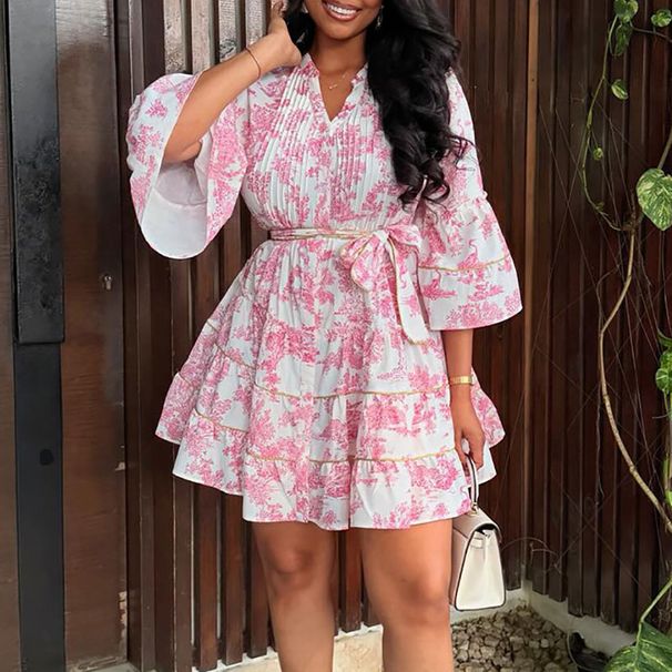 High Waist Lace Up Loose Holiday Mini Dress Elegant Flared Sleeve Pleated A-line Dress Casual V-neck Print Women's Summer Dress_ecoleips.com