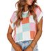Women's Clothing Summer Cap Sleeve Navel Baring Short Sleeve Color Block Round Neck Knitted Checkerboard Sweater Short_ecoleips.com