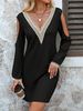 Elegant Women's V Neck Long Sleeve Dress Solid Color With Lace Trim Hollowed Out Style Autumn Winter New_ecoleips.com