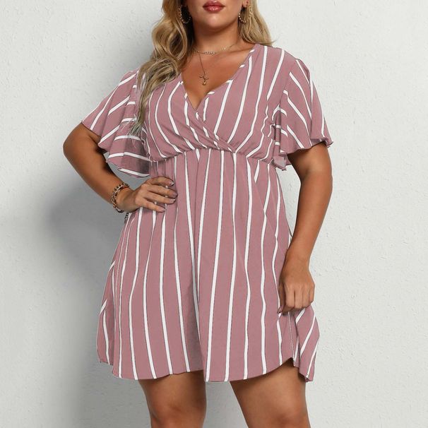 Plus Size V-Neck Striped Boho Dress – Flowy Midi With Elastic Waist (L-XXXXL, Black/Burgundy/Pink/Navy/Army Green)_ecoleips.com