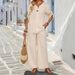 Women's Casual Fashion Suit V-Neck Single Button Loose Long Sleeve Top And Wide Leg Pants Two-Piece Set for Summer_ecoleips.com