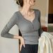 2025 #Superior Selection # Unique Button Design T-Shirt For Women 2025 Autumn New Slim Fit Spicy Girl Sexy Long Sleeve Top_ecoleips.com