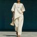 Women's Wrinkle Textured Two-Piece Set Relaxed Fit Short Sleeve Top With Asymmetrical Hem And Wide-Leg Pants_ecoleips.com