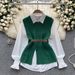 Women's Clothing Temperament Fashion Suit Female Casual Loose Long Sleeved Shirt + Waist V Neck Sleeveless Knitted Vest Two Piece Suit_ecoleips.com