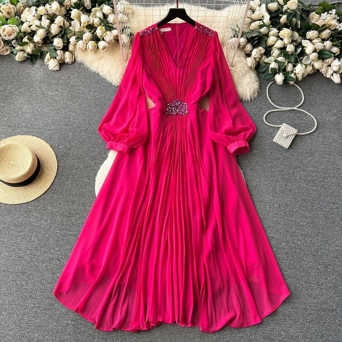 Women's Clothing Seaside Vacation Travel Photography Lantern Long Sleeves V Neck Waist Slimming A Line Chiffon Pleated Dress_ecoleips.com