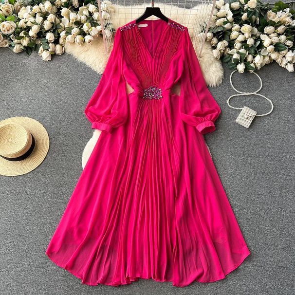 Women's Clothing Seaside Vacation Travel Photography Lantern Long Sleeves V Neck Waist Slimming A Line Chiffon Pleated Dress_ecoleips.com