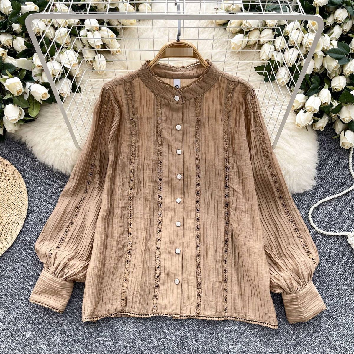 Elegant French-Style Lace Trimmed Blouse With Lantern Sleeves – Romantic & Youthful Women's Top_ecoleips.com