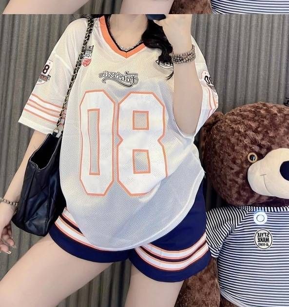 Women's Loose Fitting V Neck Short Sleeved Color Block Casual Running Two Piece Set Fashionable Ins Inspired Clothing_ecoleips.com