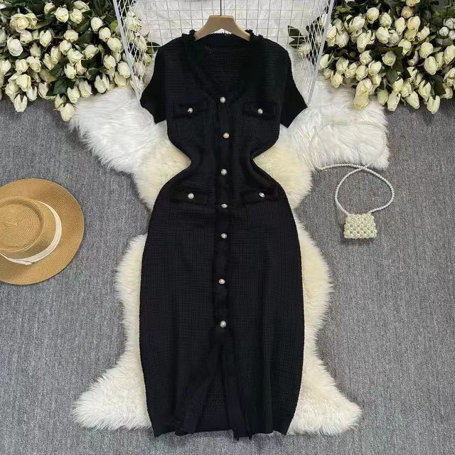 Women's Clothing V Neck Short Sleeved Sweater Dress Waist Temperament Knitted Dress_ecoleips.com