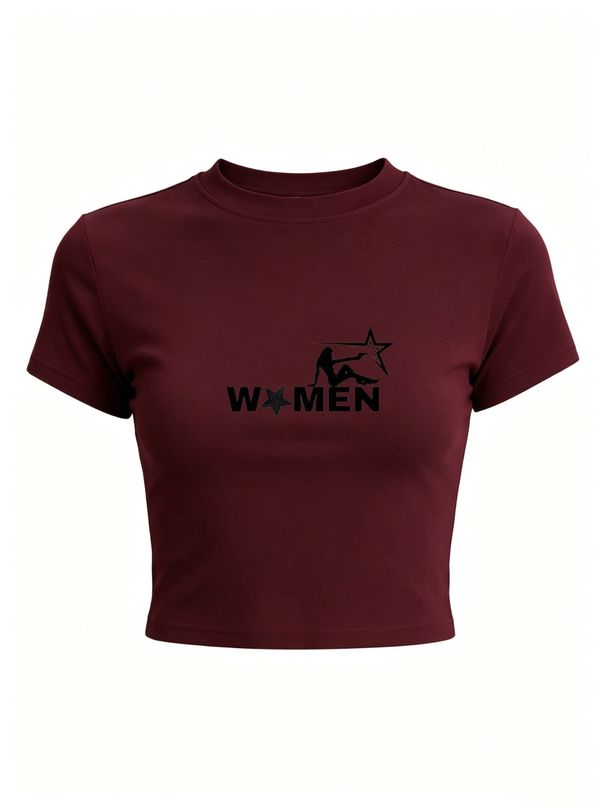 Women's Short-sleeved Top With Letter And Star Pattern, Y2K Style Slim Fit, Round Neck And Short Sleeves, Suitable For Casual Summer Wear._ecoleips.com