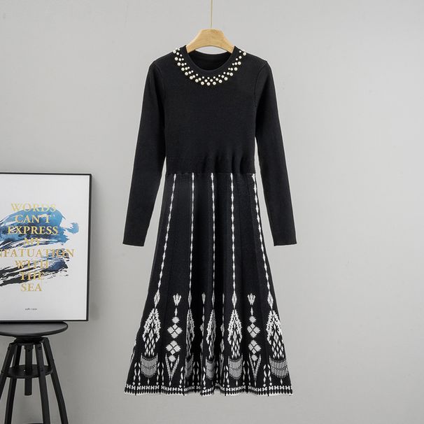 K Women's Fashion Dress With New Design, Embroidered Pattern, Beaded Round Neck, Temperament Midi Dress_ecoleips.com