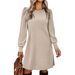 Women's Round Neck Puff Sleeve Mid Length Dress Brushed Ribbed Solid Color Autumn Winter_ecoleips.com