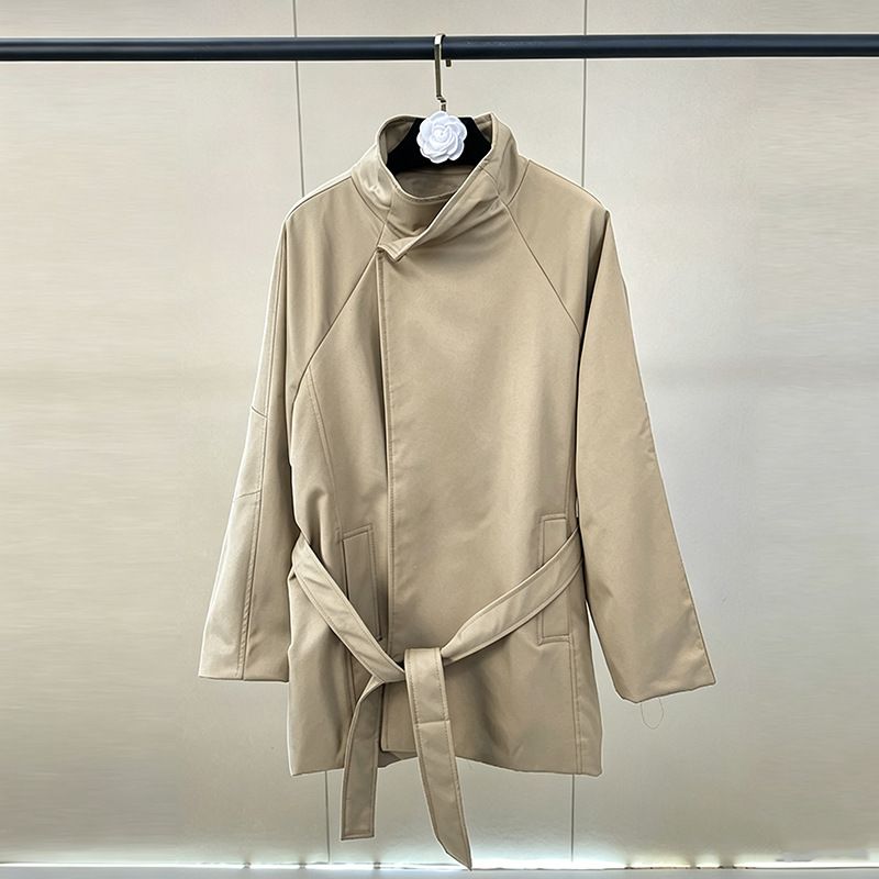 Modern Trench Coat For Women, Lightweight Long Jacket With Tie-Waist & Stand Collar For Office & Casual Wear_ecoleips.com