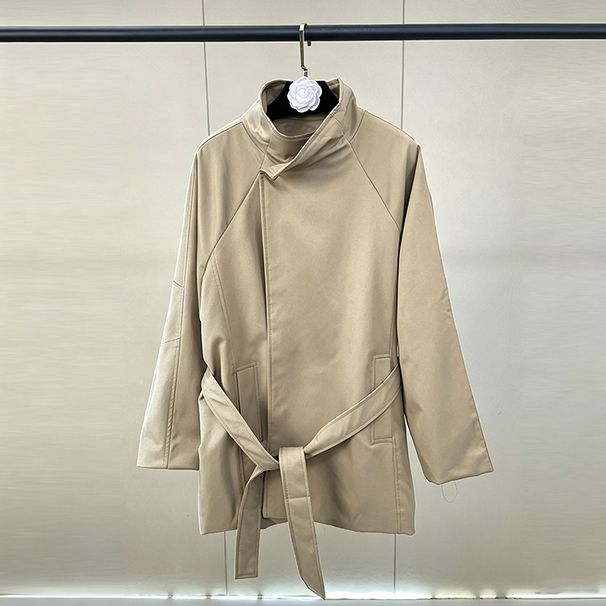 Modern Trench Coat For Women, Lightweight Long Jacket With Tie-Waist & Stand Collar For Office & Casual Wear_ecoleips.com
