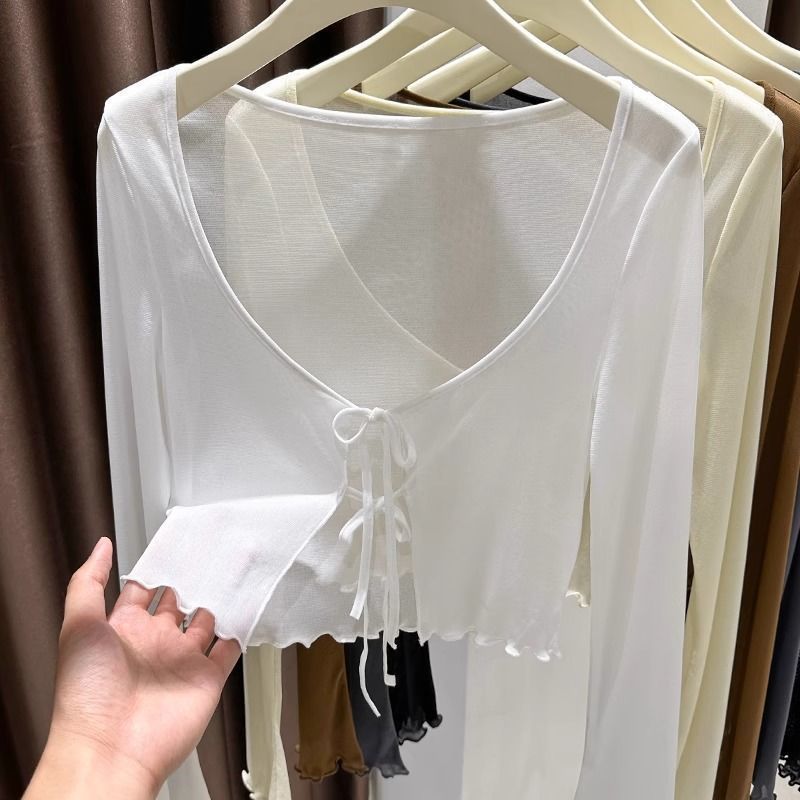 Ice Silk Mesh Shawl Sun Protection Clothing For Women Spring Summer Design Sense Ruffled Tie Cardigan Thin Cover-Up Top_ecoleips.com