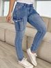 K Women's Fashionable Low-Waist High-Elastic Denim Jeans With Side Pockets And Gathered Details For A Slimming And Trendy Office Look_ecoleips.com