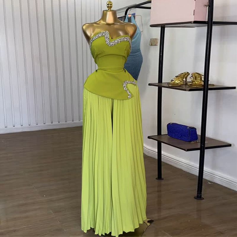 Women's Clothing Summer New Heavy Duty Tube Top With Diamonds Irregular Top Pleated Wide Leg Pants Suit_ecoleips.com