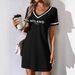 European And American Cross-border Women's Summer Elegant Black V-neck Casual Short-sleeve Letter Dress Q31 Print_ecoleips.com