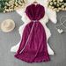 Women's Clothing Temperament Heavy Pearl Wood Ear Round Neck Dress Waist Slim Pleated Long Skirt_ecoleips.com
