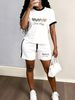 Summer Women's Black White Color Block Set Simple Heart English Print Short Sleeve Top With Shorts_ecoleips.com