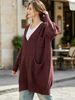 Wine Red Deep V Multi Pocket Pit Rib Knit Tunic Sweater, Oversized Loose Lightweight Breathable Soft Skin-touch Long Sleeve Pullover_ecoleips.com