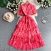 French-Inspired Vacation Sundress With Round Neck, Puff Sleeves, And Tiered Flowy Skirt_ecoleips.com