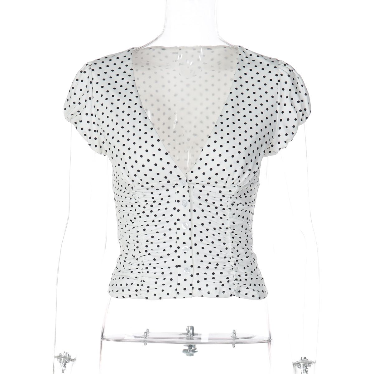 Women's Sexy Deep V Neck T-Shirt Polka Dot Pattern Pleated Waist Slimming Top European American Style Spring New Arrivals_ecoleips.com