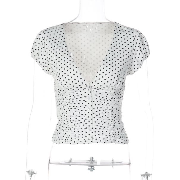 Women's Sexy Deep V Neck T-Shirt Polka Dot Pattern Pleated Waist Slimming Top European American Style Spring New Arrivals_ecoleips.com