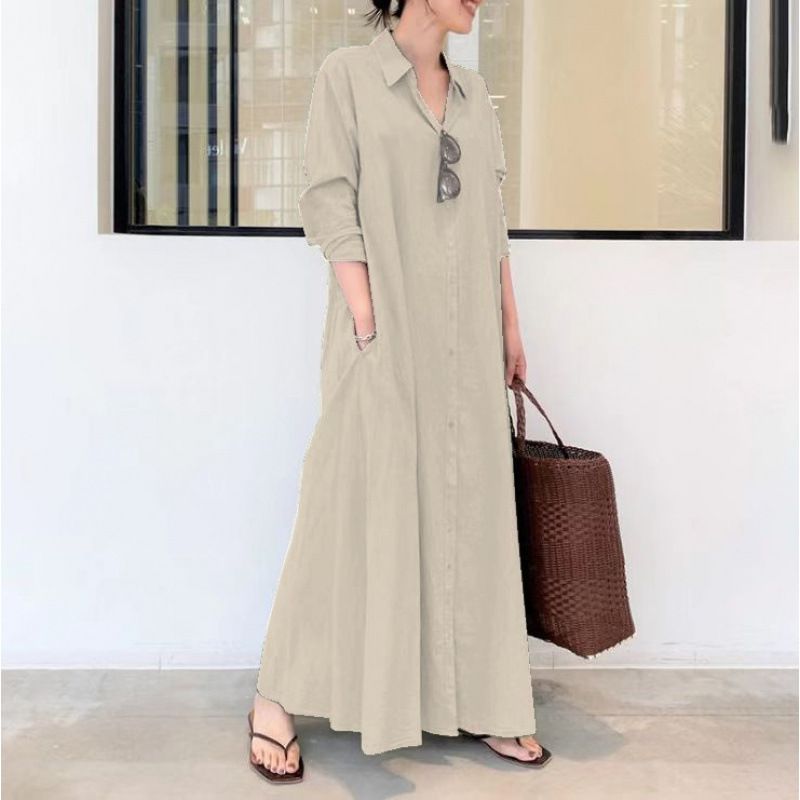 Wind Cotton And Linen Solid Color Flannel Collar Long Sleeve Shirt With Pockets Simple, Loose-Fitting Casual Long Dres_ecoleips.com