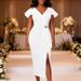 Elegant White V-Neck Crystal Embellished Dress – Flowy Ruffled Sleeves & High Slit Bodycon Party Gown_ecoleips.com