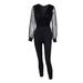 new solid color V neck mesh slim long sleeved jumpsuit trousers large stock_ecoleips.com